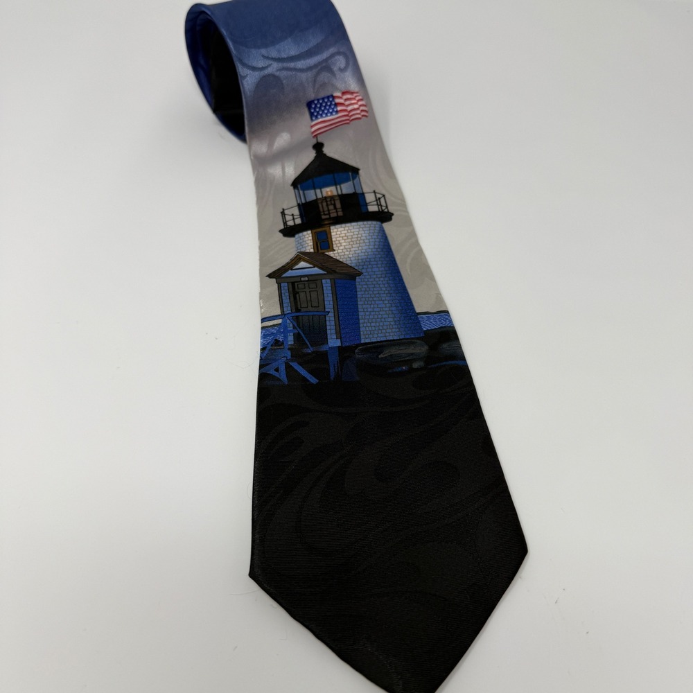 Steven Harris Mens Lighthouse American Flag Nautical Paisley Blue Silver Tie